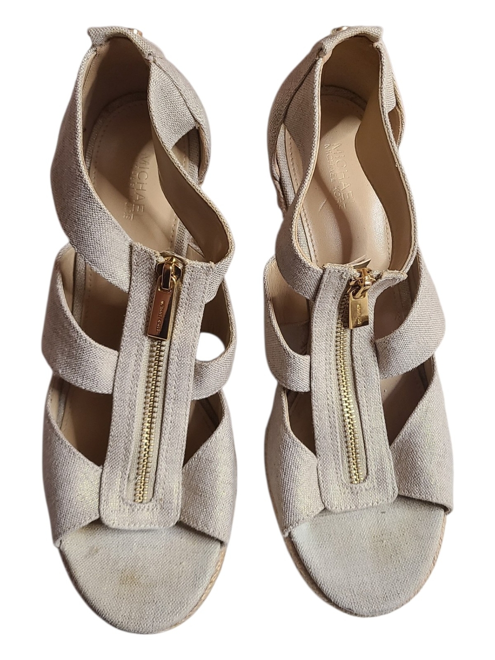 Michael Kors Damita Linen Wedge Sandals Gold Zip 8.5M